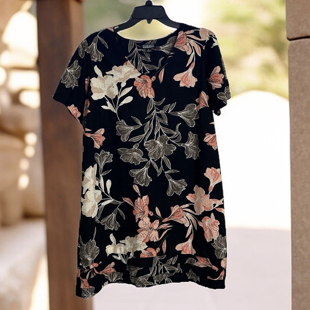 Nicole Miller Dress Size L Linen Blend Short Sleeve V-Neck Tropical Floral Print